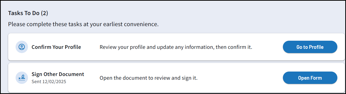 The task list on the Home tab. 